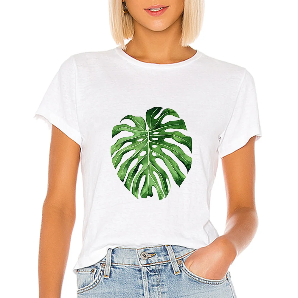 

Футболка женская с круглым вырезом, красивая рубашка с принтом листьев и кактусов, большие размеры, весна-лето