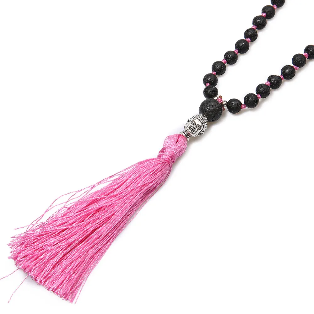 

showboho 108Mala6MM volcanic stone handmade knotted beaded necklace Buddha head meditation yoga pendant lover gift amulet