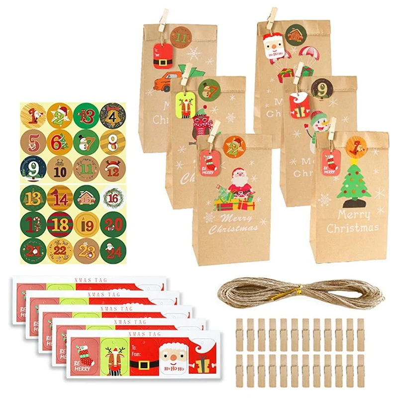

24 набора рождественских сумок с календарём и календарём на 24 дня, сумки из крафт-бумаги, сумки для рождевечерние, рождественские украшения (...
