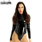 Женское кожаное сексуальное боди с мокрым эффектом, латексный комбинезон для танцев на Пилоне с открытой промежностью, Облегающий комбинезон с длинными рукавами и высоким вырезом, нижнее белье для ночных клубов