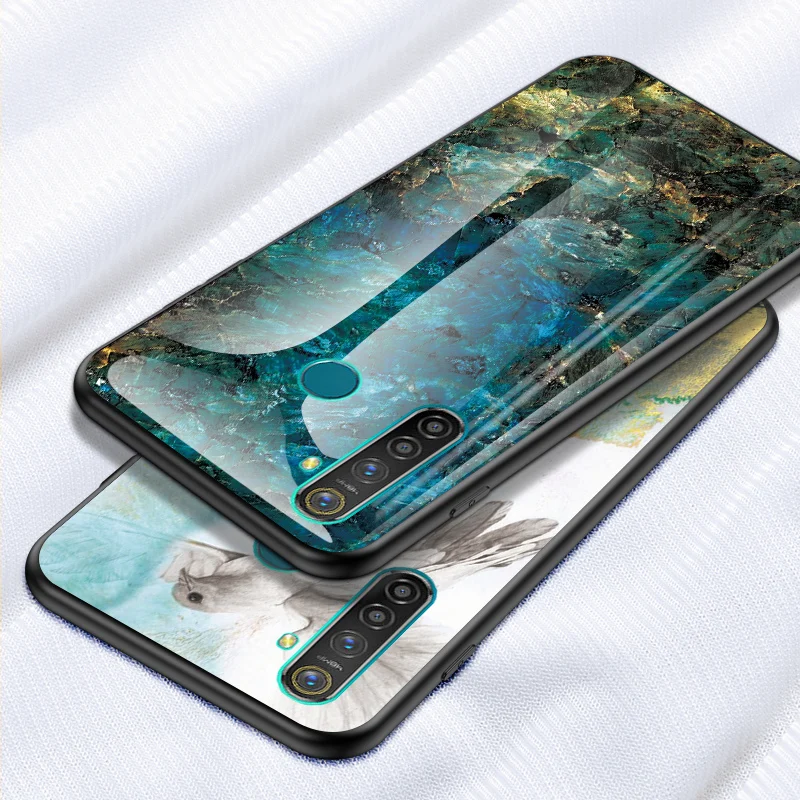 Чехол Rezzol для Realme Q роскошный стеклянный мраморный гибридный мягкий силиконовый