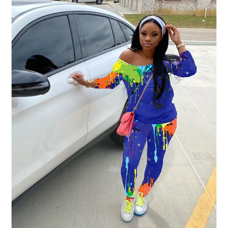 

Echoine Print One Shoulder Slash Tops and Pants Two Piece Set Off Shoulder lounge wear Tracksuit Fall Winter Matching Set