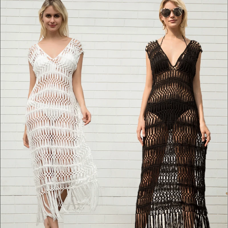

Crochet Dress Cover Up Summer 2021 Sexy Bathing Suits Beachwear Crochet White Knitted Coverup Kaftan Beach Sarongs Women