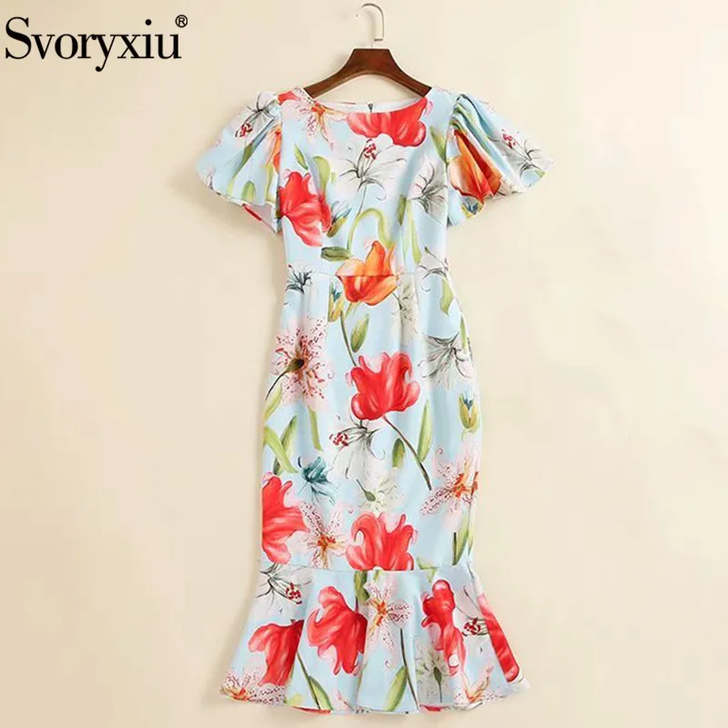 

Svoryxiu Women's Summer Runway Elegant Mermaid Party Dresses Ruffles Short Sleeve Big Flower Print Pack Hip Midi Dress Female