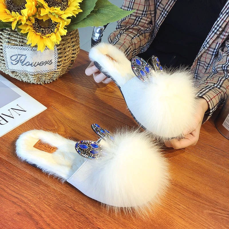 Симпатичные меховые тапочки с кроличьими ушками женская одежда осенние и зимние