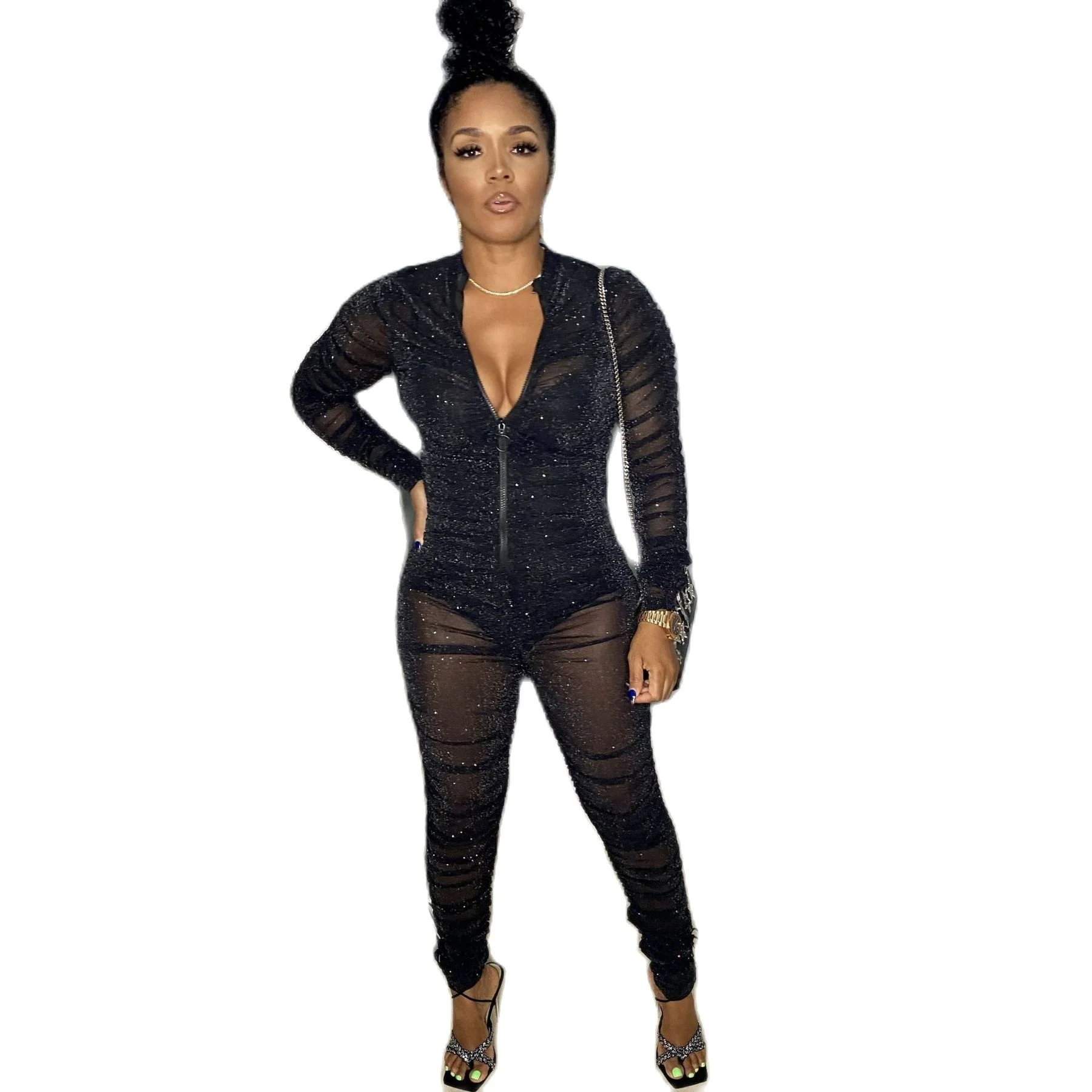 

Комбинезон Cutubly для девочек, клувечерние вечерний комплект из двух предметов, Комбинезоны для женщин, сексуальные блестящие прозрачные сет...