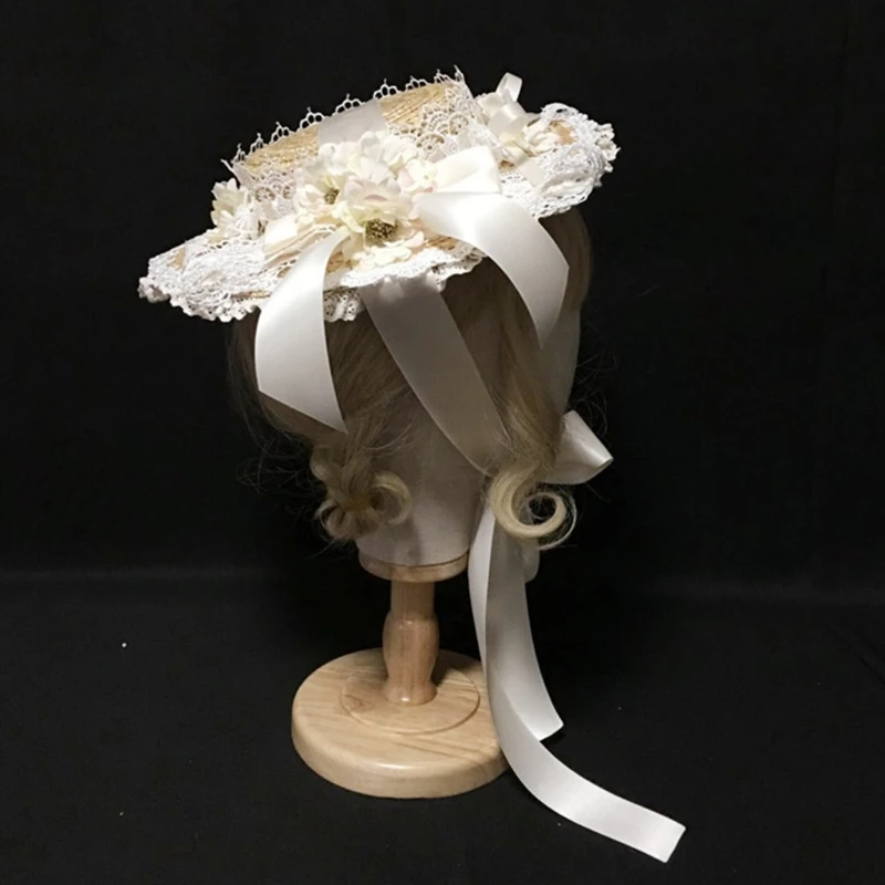 

K3NF Women Girls Lolita Elegant Tea Party Flat Hat Multilayer Lace Bonnet Artificial Flower Ribbon Bow Straw Beach Sun Cap