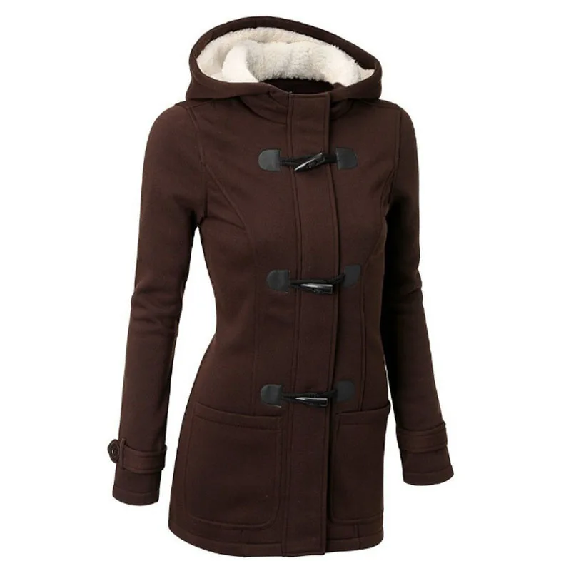 Plus Size Women Cotton Horn Button Slim Casual Coat Winter 2021 New Parkas Long Sleeve Warm Jacket Grey Solid Hood Pocket Coat
