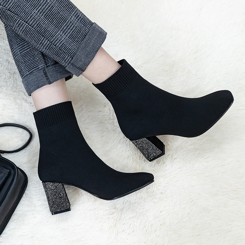 

Spring and autumn 2020 new rhinestone thick heel short boots women thin and thin boots fashion wild elastic knitted boots X163