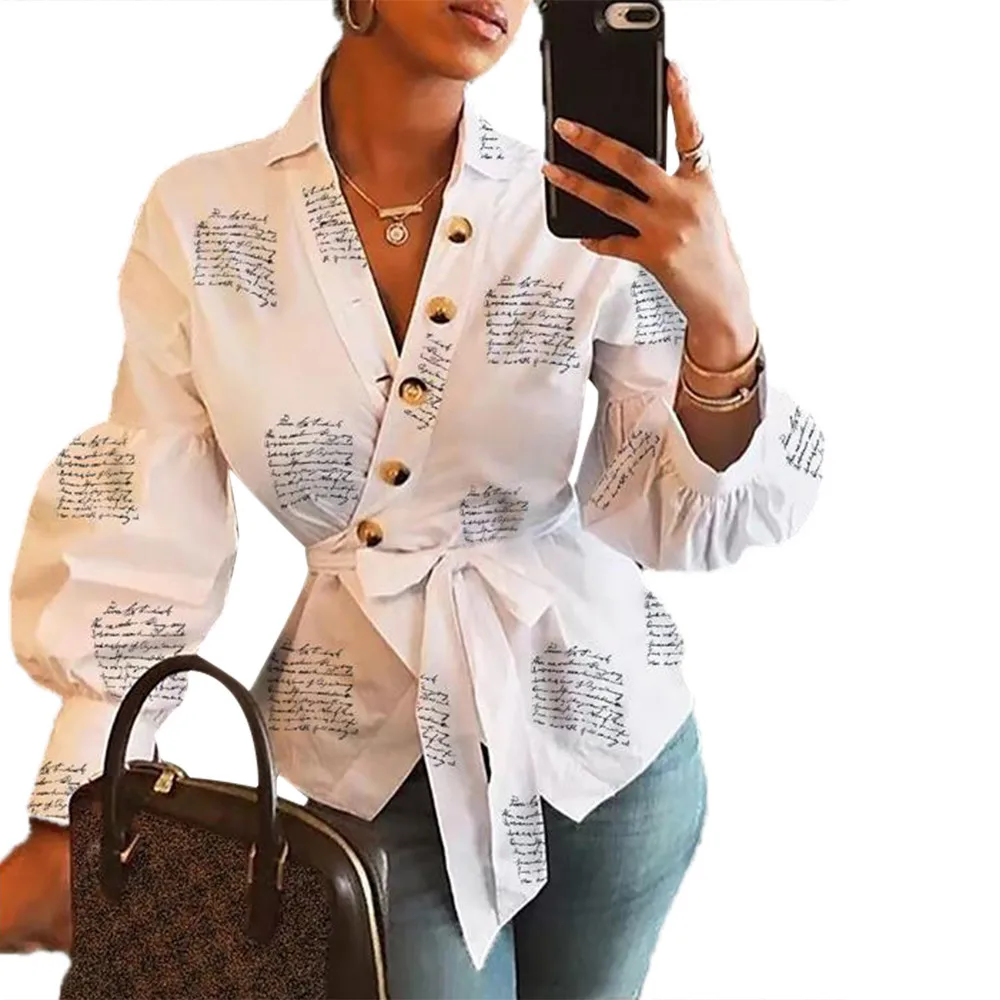 Модная женская Повседневная Блузка с принтом на пуговицах глубоким v образным