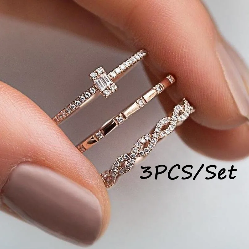 

3PCS/Set Charm Crystal Thin Stackable Twisted Ring Set Women Diamond Engagement Wedding Ring Band Rose Gold Plated Rings Jewelry