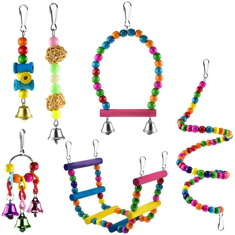

6 шт Птица Попугай игрушки, птица качели игрушка красочный жевательный висящий гамак качающийся колокол для домашних животных лазание лест...