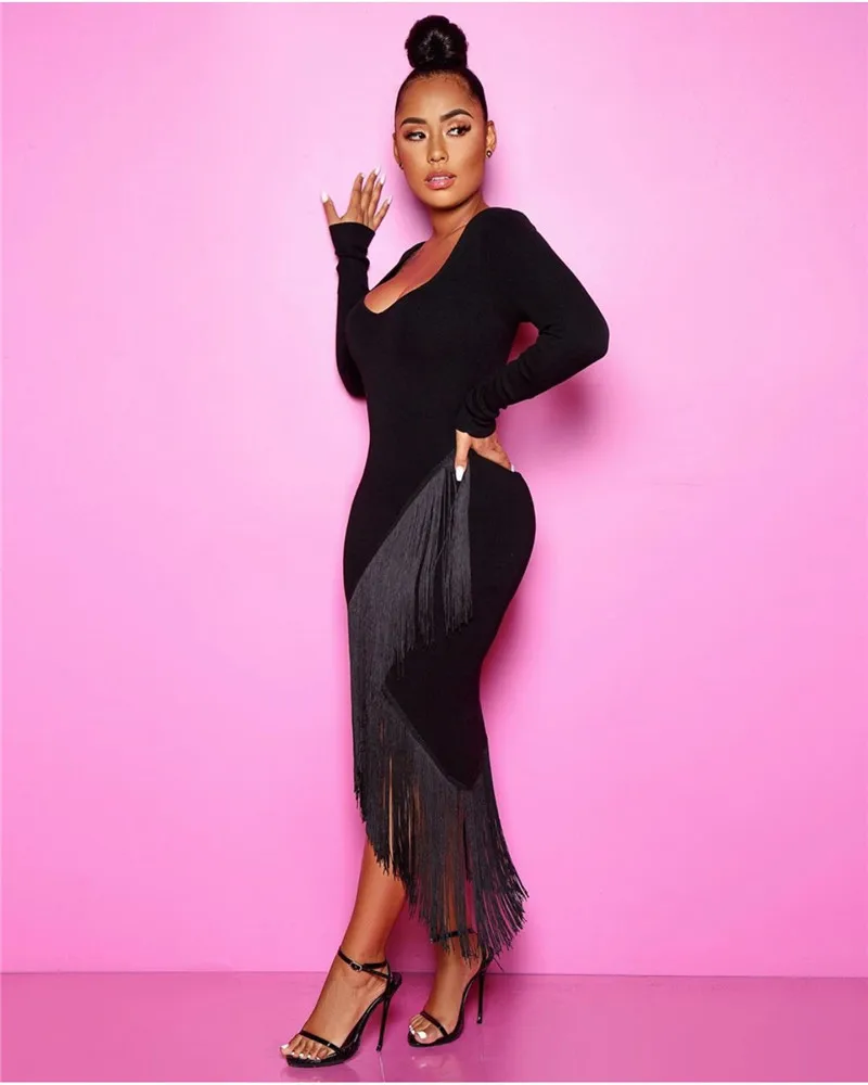 Высокое качество с длинным рукавом Твердые кисточкой Bodycon вискоза Бандажное