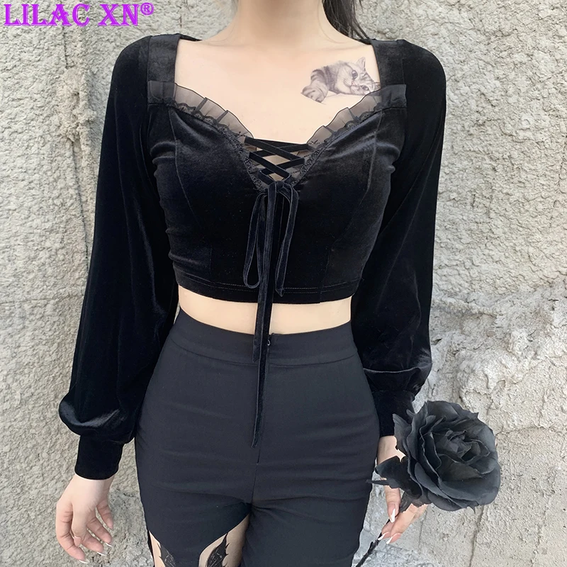 

Goth Velvet Bandage Black Crop Tops Y2K Sexy V Neck Lace Trim Puff Long Sleeve Tops for Women Girls Vintage Aesthetic T Shirt