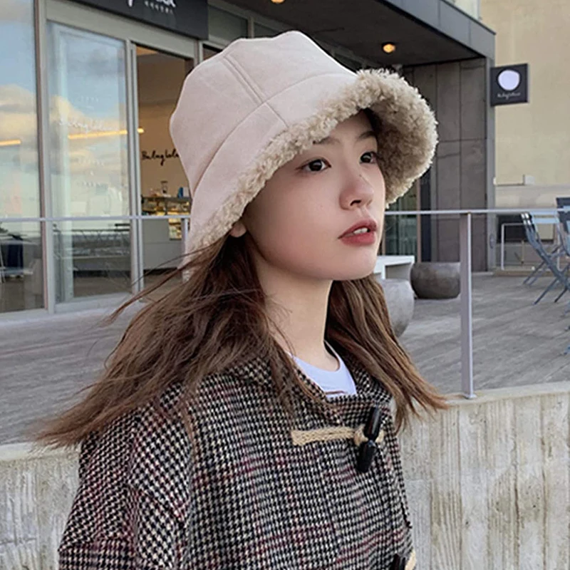 

Women's Fur Bucket Hat Women's Suede Style Back Boa Small Face Effect Actress Hat Fashionable Folding Cold Protection