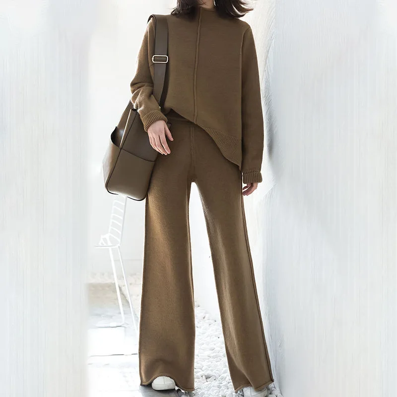 

New fashion temperament casual high neck loose pullover sweater + high waist knitted wide leg pants suit women