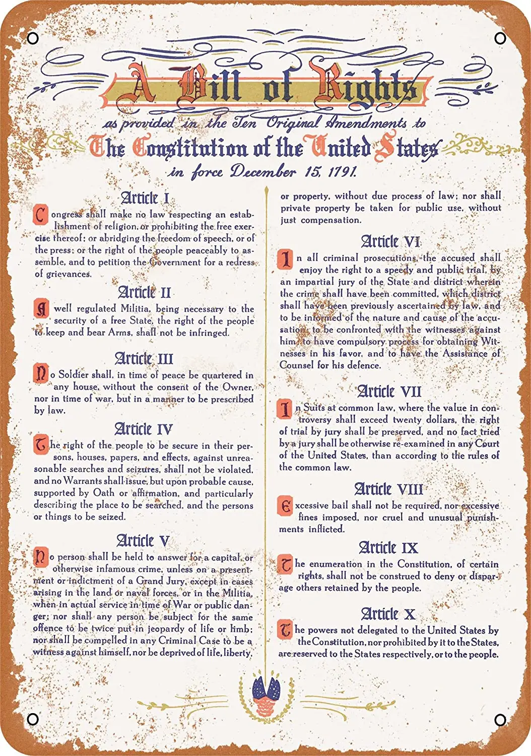 

WallColor 8*12 Metal Sign 1791 United States Bill of Rights Vintage Look