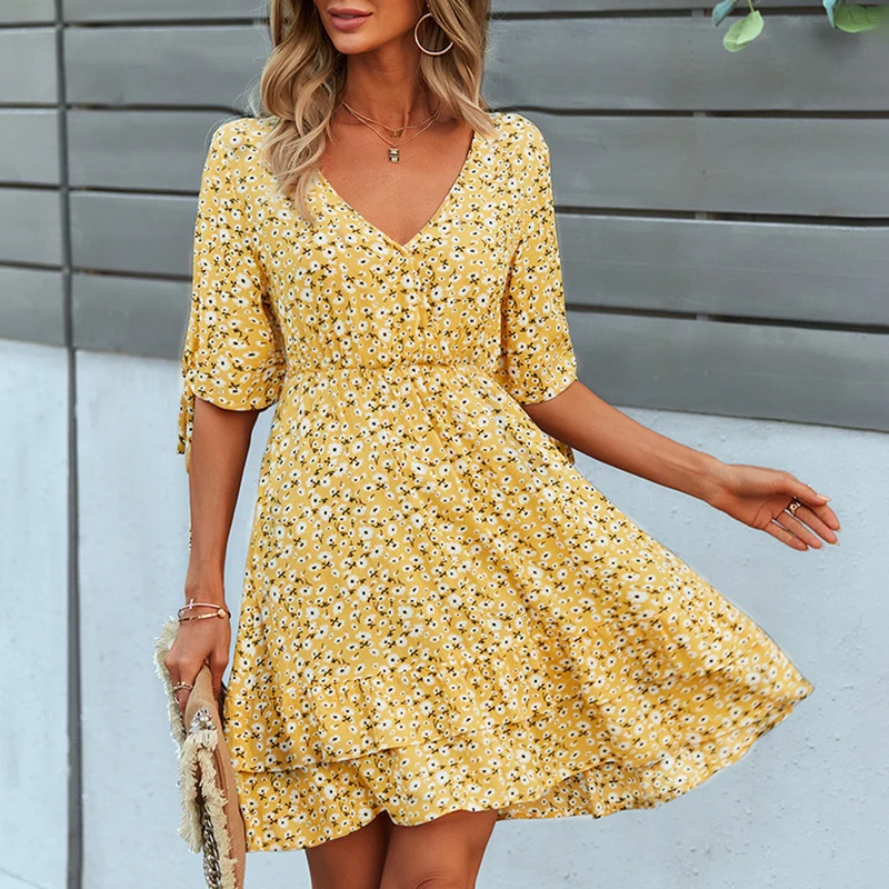 Ardm – robe Mini à volants, imprimé Floral, mode, col en V, manches courtes, ajouré, doux, Vintage, fête, 2021