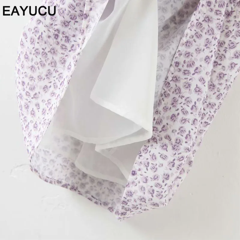 

EAYUCU Korean Style Floral Print V Neck Women Summer Dress Chic Short Sleeve High Waist Female Mini Dresses Robe ED236