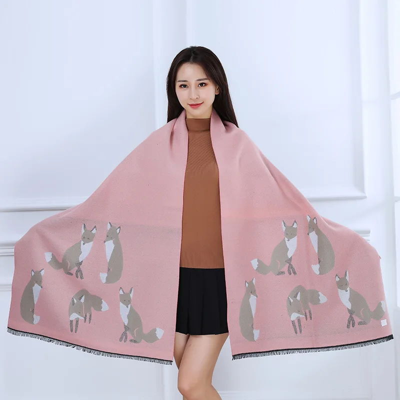 

Newest Women Winter Cashmere Scarf Fox Printed Thicken Shawl Fashion Scarf Wrap Lady Long Shawl Blanket Warm Tippet