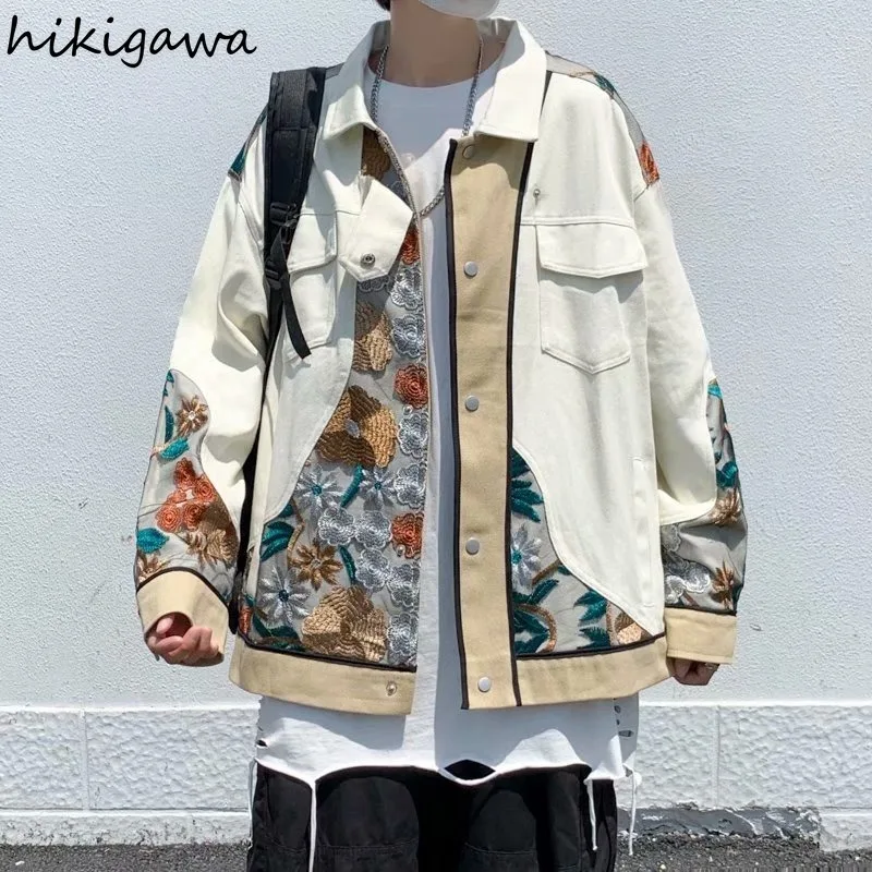 

Hikigawa Women Jacket 2021 Autumn Vintage Lack Embroidery Patchwork Loose Tooling Wind Tops Long-sleeve Baseball Uniform Coats
