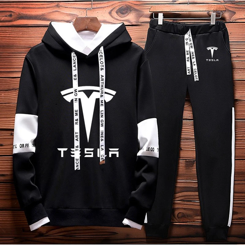 

Unisex Men's hoodie Tesla car Logo Printing Spring Autumn Colorblock Cotton Men's Sweatshirt Men Hooded+pants 2 piece set