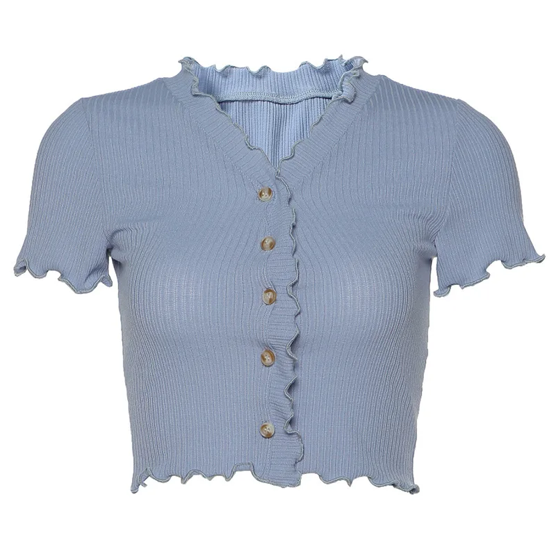 

European And American 2020 Summer Thin Women's Fashion V Neck Short T-shirt Short Sleeve Fashion Navel Silm Soild Casual Tops