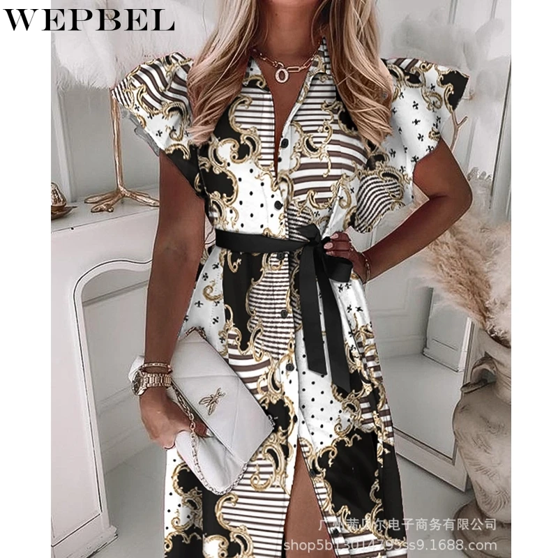 

WEPBEL Casual Printed Dress Women's Slim Fit Lace-up Dress Summer Fashion Single-Breasted Turn-down Collar Ruffle Sleeve Dress