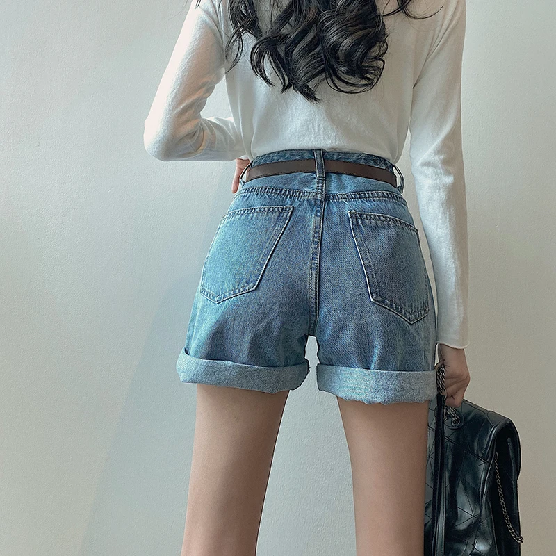 

Wide-legged Denim Shorts Women High Waist Curled Blue Shorts Girls A-line Basic Cotton Shorts Bottoms