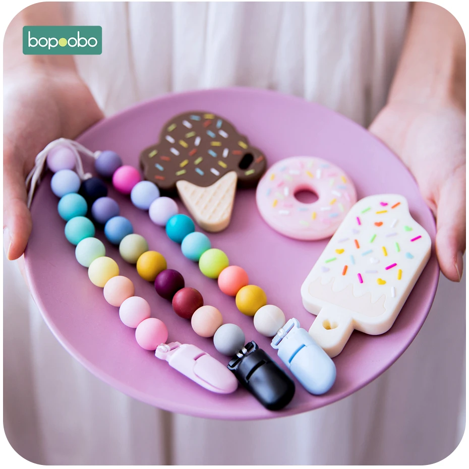 Bopoobo 1 шт. пищевой силиконовый Icecream набор силиконовый Прорезыватель для зубов бусы для изготовления BPA бесплатные Детские трофеи подвеска пустышка Клип цепь