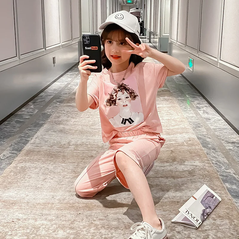 Тонкие летние костюмы для маленьких девочек 7 9 11 лет с круглым вырезом в стиле