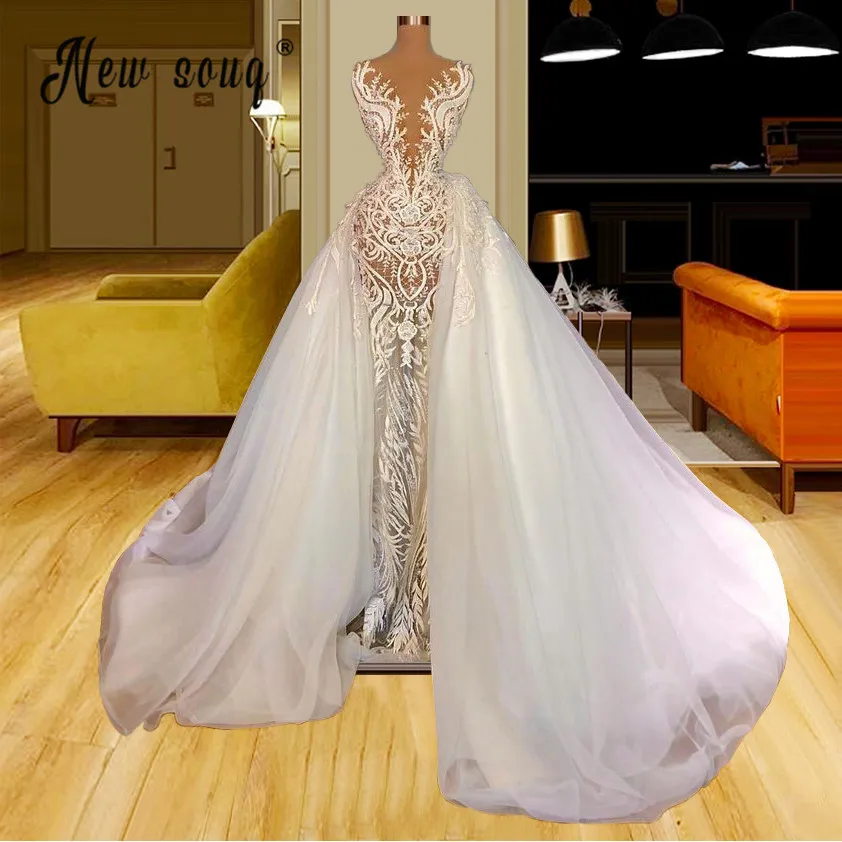 

Newest 2022 Lace Mermaid Wedding Dresses With Detachable Train Custom Made Pearls Beaded Bridal Gowns Robe de Mariée Arabic