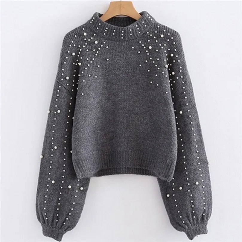 Casual Winter Warm Soft Turtleneck Knitted Sweaters Women Lantern Sleeve Pearl Beading Jumper Sweater Female Loose Gray J23 | Женская