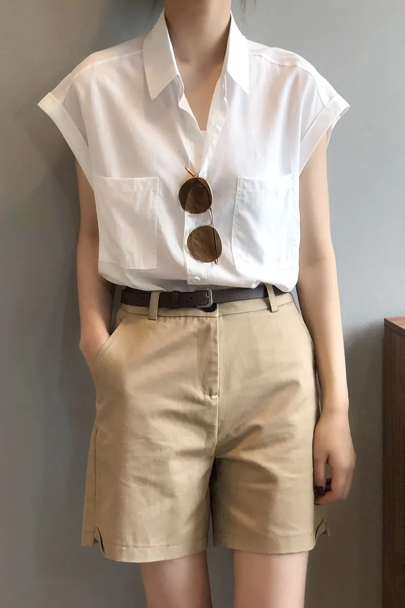 

High Street Sleevelees Pockets Blouses Woman Fashion Tunics Chemise Vetement Femme 2021 Blusas DM001