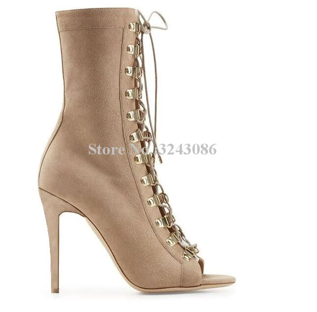 Jual Fashion Wanita Telanjang Lace-Up Ankle Boots Wanita Baru Peep Toe Tumit Tinggi Cross-Tie Sepatu Bot Pendek Besar Ukuran Sepatu Pesta Dropship