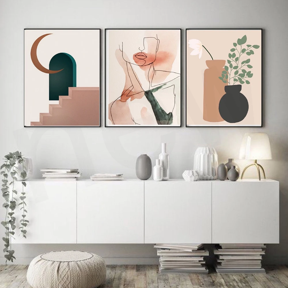 

Boho Style Canvas Painting Mid Century Abstract Line Print Poster Terracotta Plants Wall Art Pictures Bedroom Living Room Decor