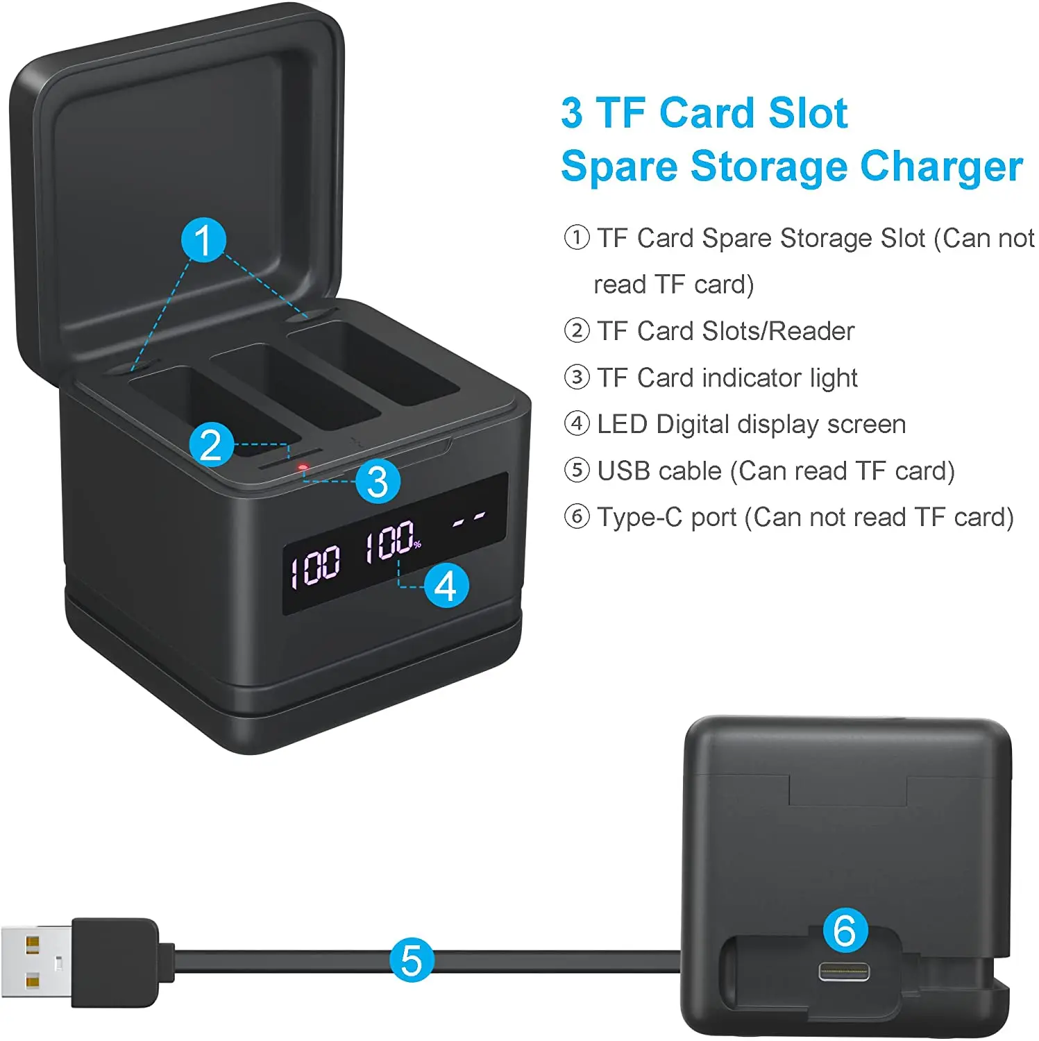 Аккумулятор и зарядное устройство USB для GoPro Hero 10 9 8 7 6 5 с высокоскоростной Micro SD