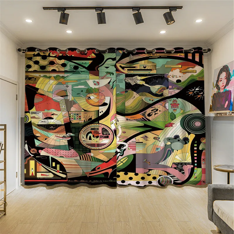 

Original Abstract Painting Modern Art Curtain For Cars French Window Cortinas Black Out Europe Curtain For Bedroom Decoration