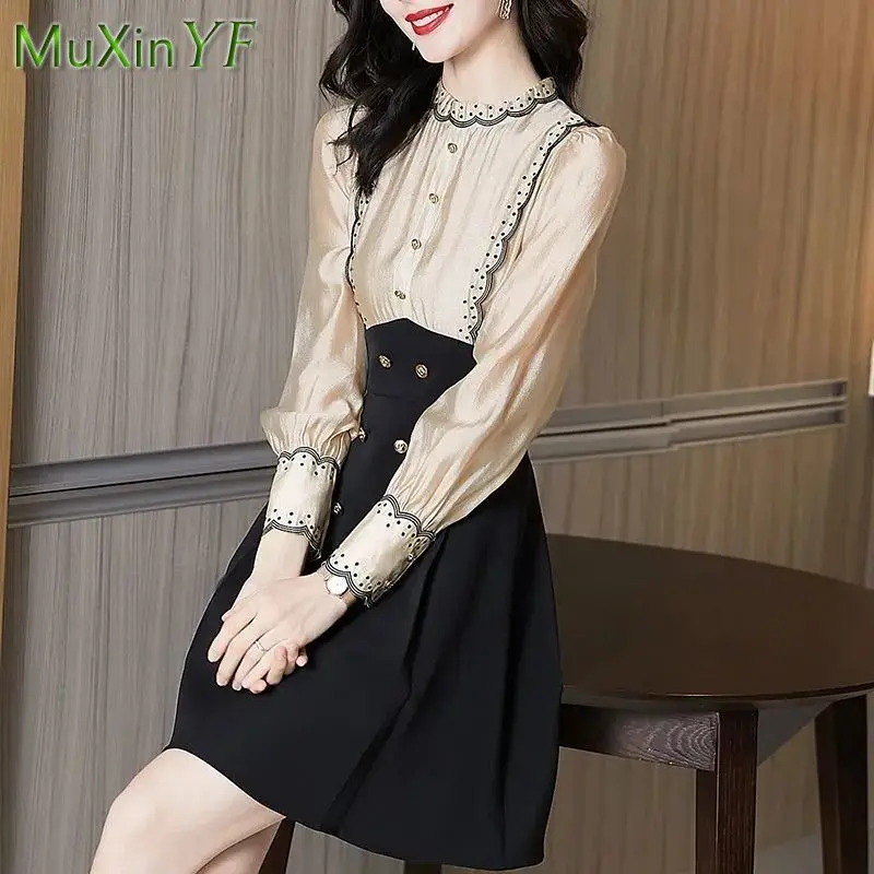 

Autumn New Dress Women French Vintage A-line Waist Was Thin Fake Two-piece Long-sleeved Shirt Dresses Female Elegant Mini Skirt