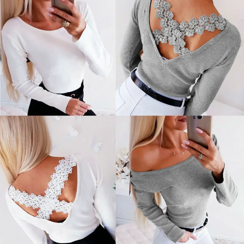 Женская блузка с открытой спиной Кружевной Топ длинным рукавом и перекрестными