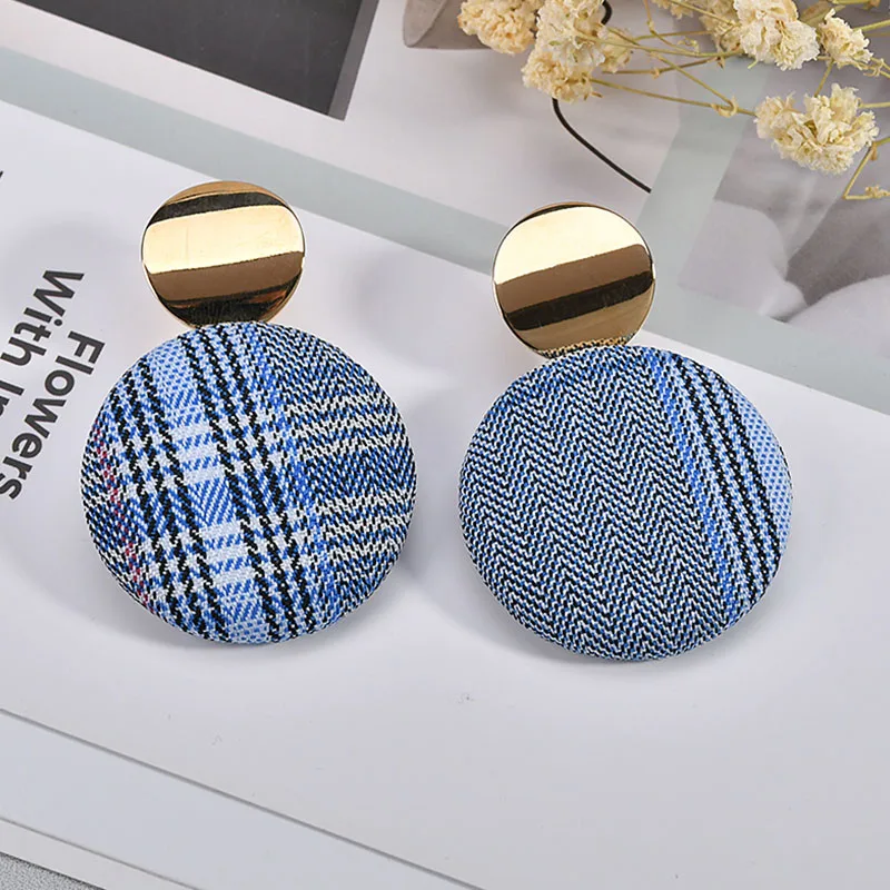 Ретро Современная клетчатая ткань круглые серьги на пуговицах сделай сам