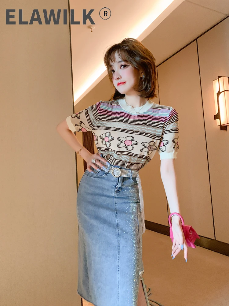 

Модный женский тонкий вязаный пуловер в полоску с цветочным рисунком и коротким рукавом, Женский Топ, Летняя трикотажная одежда 2021