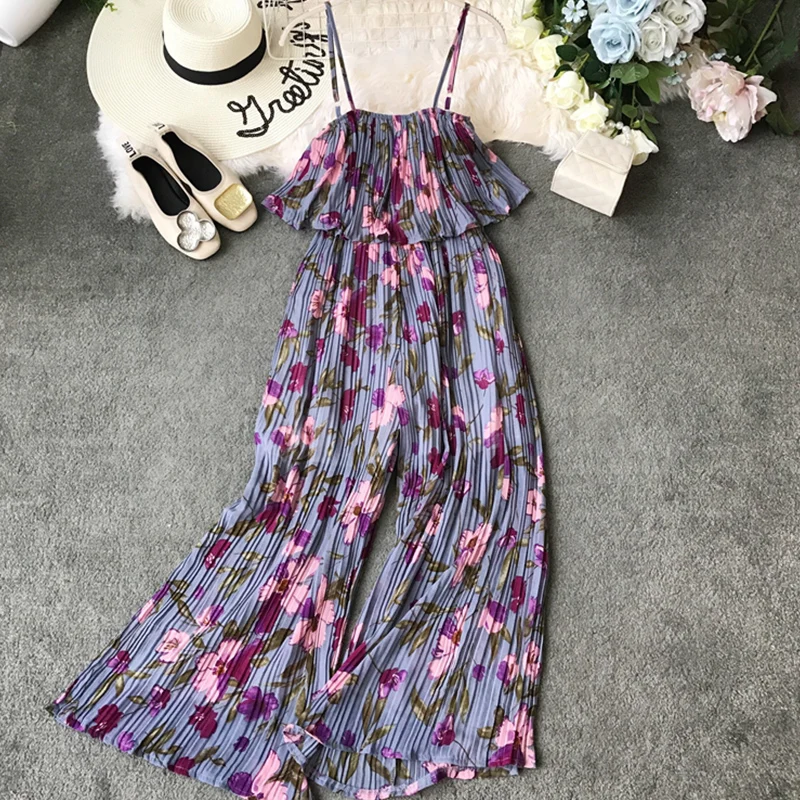 Women Summer Bohemian Jumpsuit 2020 Ankle-Length Holiday Chiffon Ruffles Spaghetti Strap Beach Style Print Jumpsuits Rompers