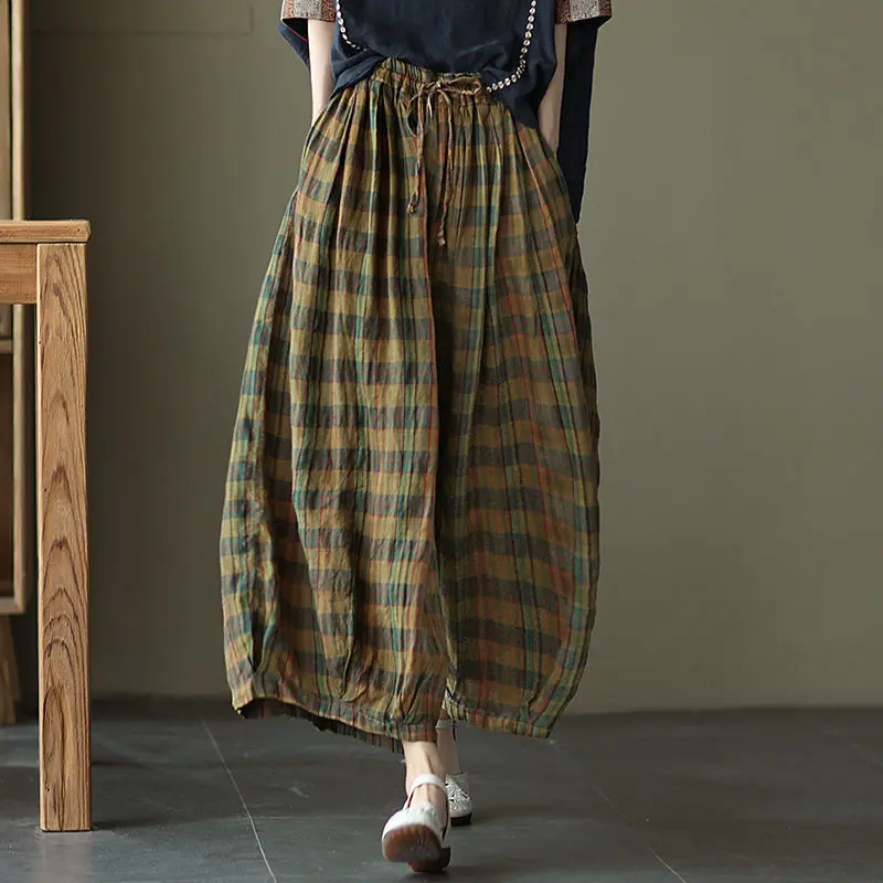 

100% Pure Cotton Linen Plaid Women's Pants 2021 Summer Fat Mm200kg Wide Leg Pants Loose Large Size Slim Lantern Pants