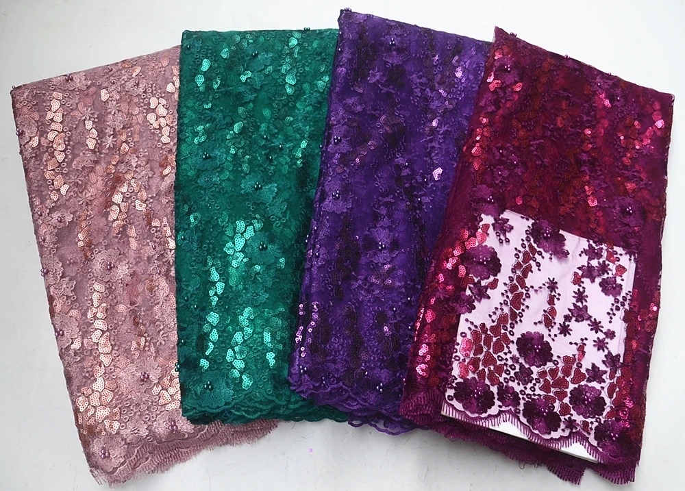 

Anna blue embroidery nigerian sequins lace fabric with beads 5 yards/piece african net lace french tulle fabrics for party dress
