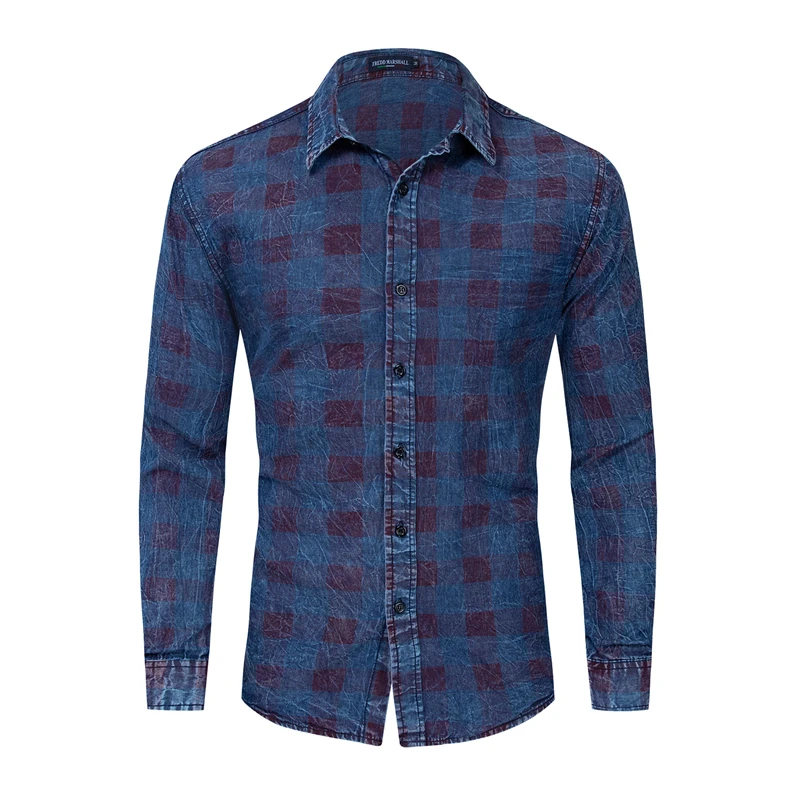 Рубашка FM098 мужская из 2020 хлопка модная одежда в клетку приталенная синяя денима