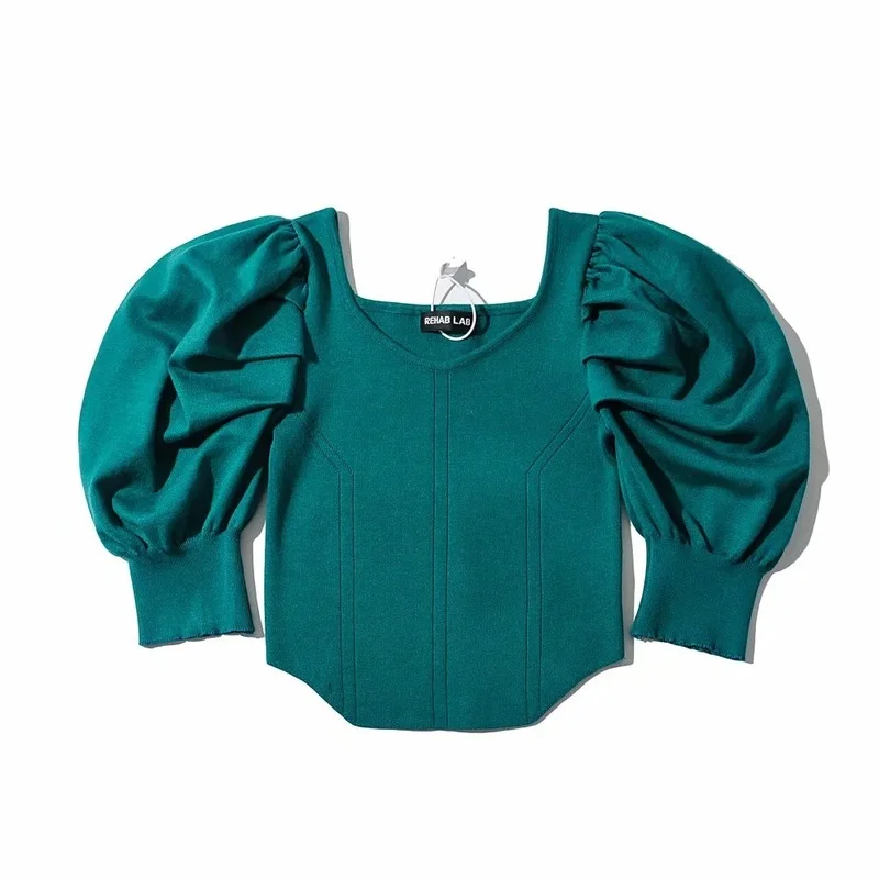 

Luxury Style Vintage Female Solid Sweaters Retro New Knitted Tops 2021 Summer Korean Puff Sleeve Kahaki Knitted Pullovers Womens