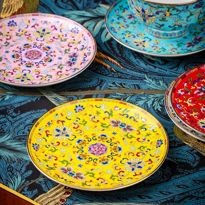 6/7/10inch Enamel Dinner Plate Jingdezhen Ceramic Bone china Porcelain Round Plates Flat Dish Palace Tableware Fruit Dishes Gift | Дом и сад