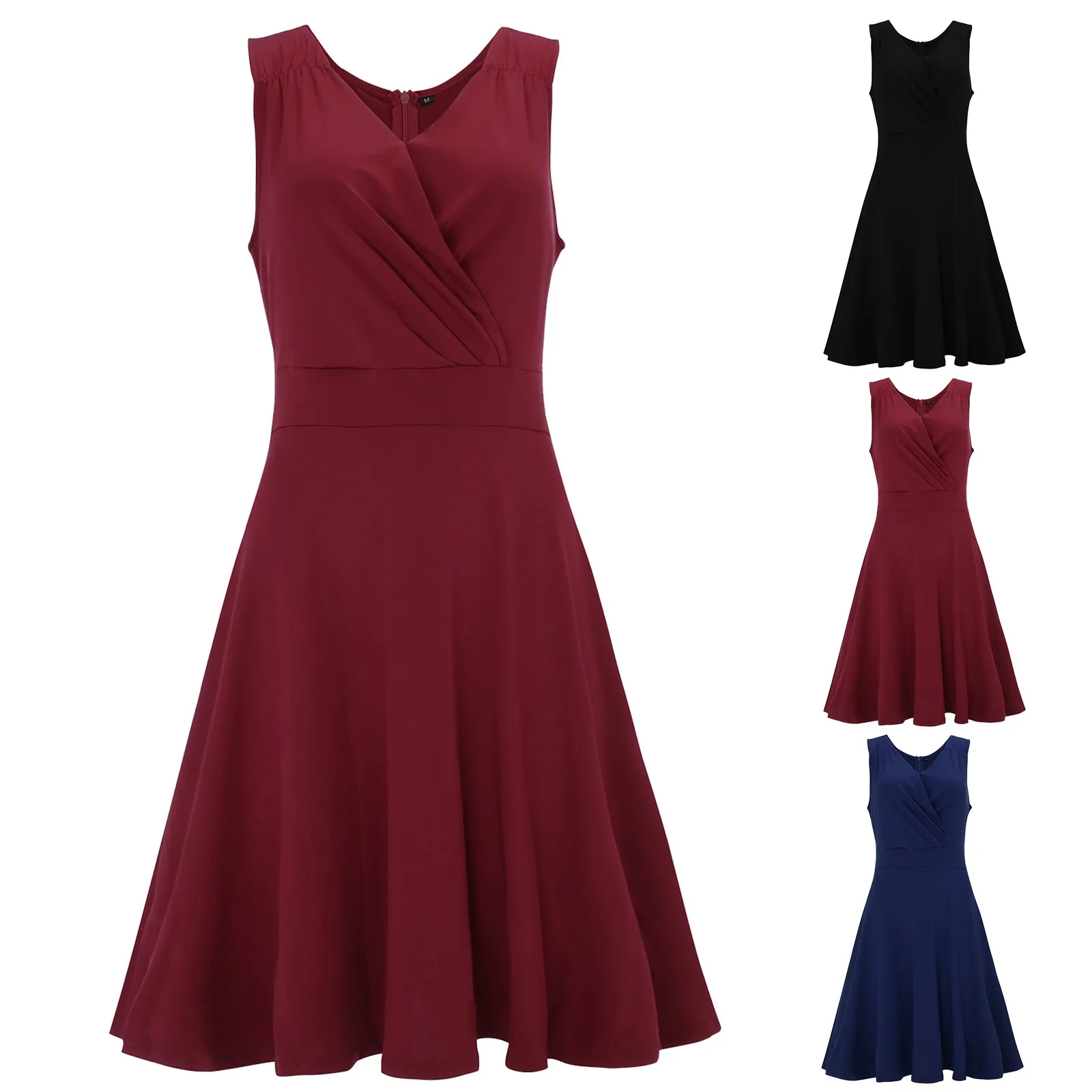 

Женское плиссированное платье-трапеция, платье без рукавов с V-образным вырезом в минималистичном стиле ретро, летнее платье большого разме...