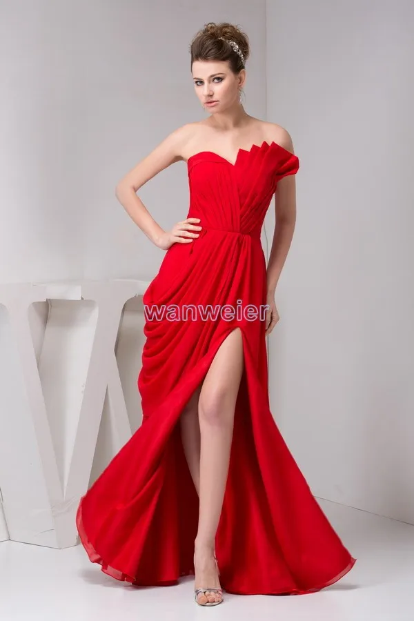 

robe de soiree arrival coral dress fashion design pleat open leg real red sexy Floor Length Chiffon Long Bridesmaid Dress Gowns